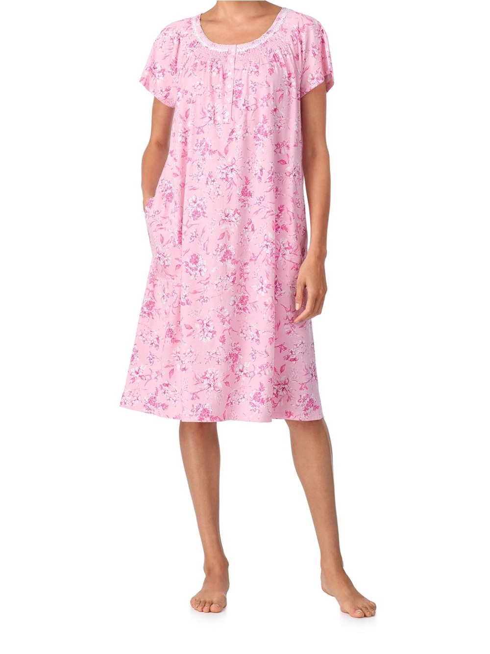 Aria Women's Pink Floral 100% Cotton Raglan Sleeve Smocked Nightgown
